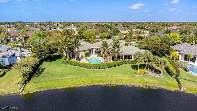 aerial view featuring a residential view and a water view