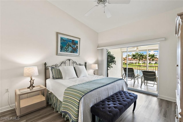 bedroom featuring lofted ceiling, access to outside, baseboards, and wood finished floors