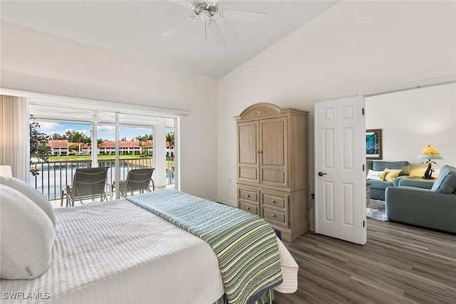 bedroom with high vaulted ceiling, a water view, a ceiling fan, access to exterior, and dark wood finished floors