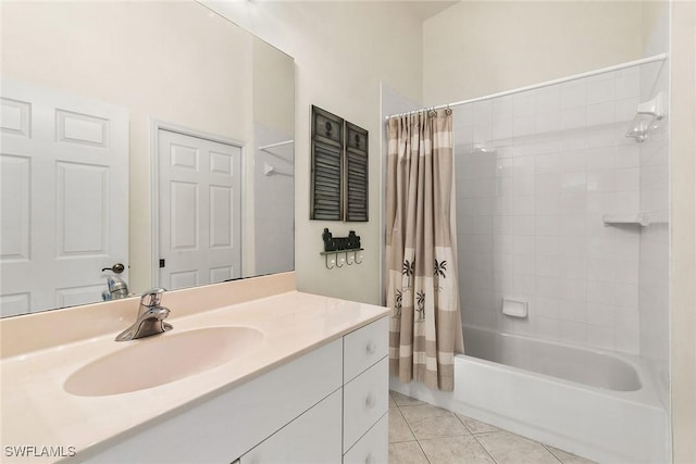 bathroom with tile patterned flooring, vanity, and shower / bathtub combination with curtain