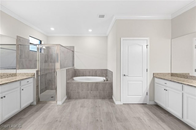 full bathroom with a shower stall, visible vents, ornamental molding, and vanity