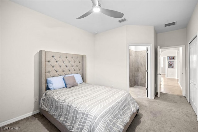 bedroom with carpet, visible vents, ceiling fan, and baseboards