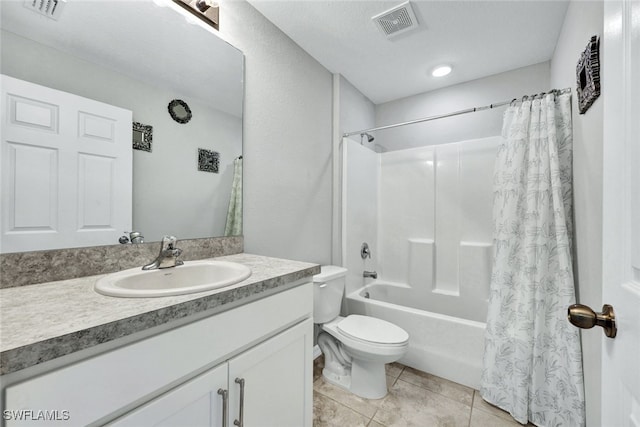 full bath featuring visible vents, shower / bathtub combination with curtain, vanity, and tile patterned floors