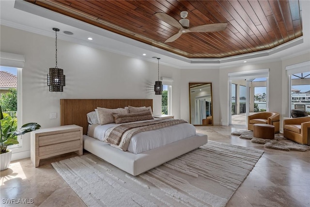 bedroom with access to exterior, crown molding, recessed lighting, a raised ceiling, and wood ceiling