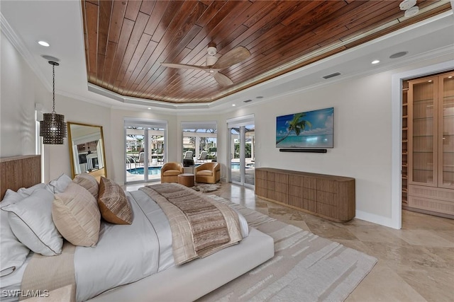 bedroom featuring wood ceiling, ornamental molding, access to exterior, a tray ceiling, and french doors