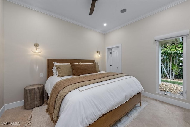 bedroom featuring crown molding, recessed lighting, a ceiling fan, and baseboards