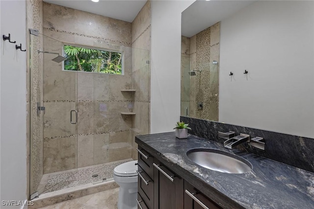 bathroom with toilet, a stall shower, and vanity