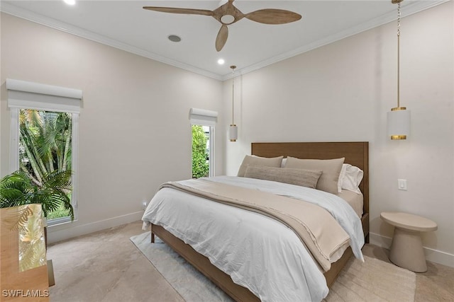 bedroom with a ceiling fan, baseboards, crown molding, and recessed lighting