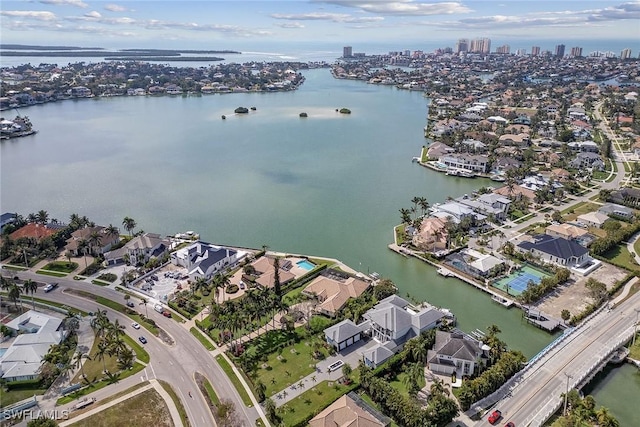 drone / aerial view with a water view