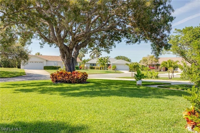 view of yard with an attached garage and a residential view