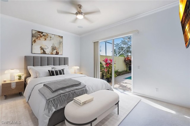 bedroom with access to exterior, ornamental molding, a ceiling fan, and light colored carpet