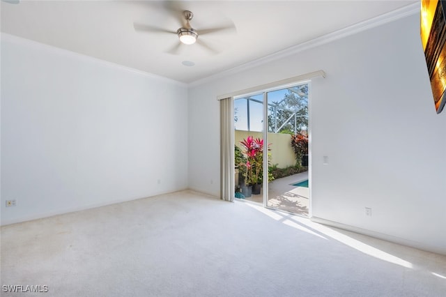 carpeted spare room with ceiling fan and ornamental molding