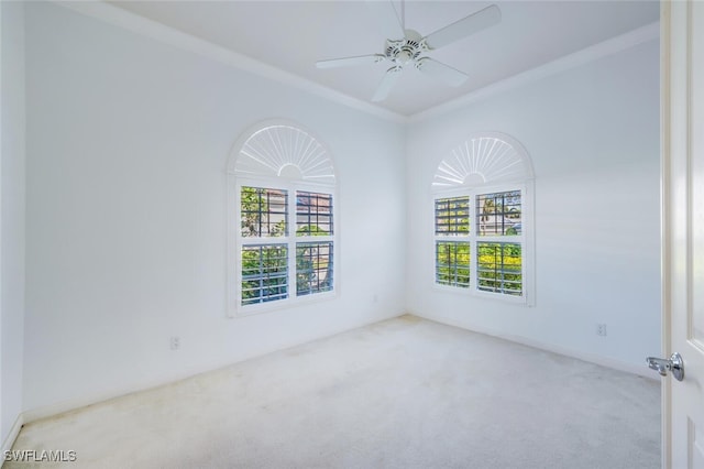 carpeted empty room featuring ceiling fan, baseboards, and crown molding