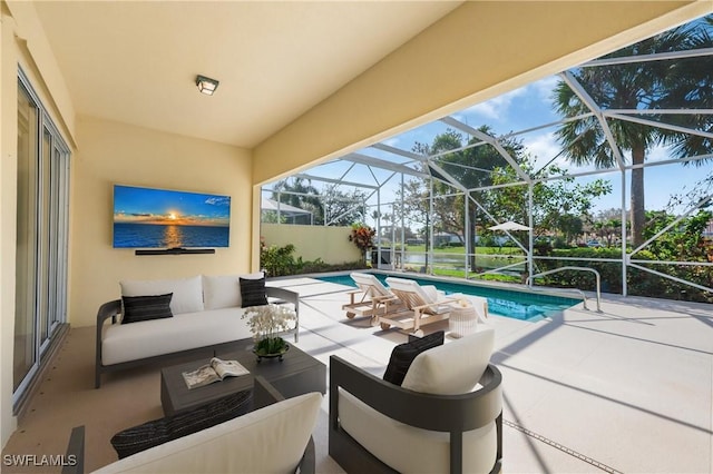 exterior space with a lanai, an outdoor living space, and a fenced in pool