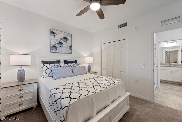 bedroom with ceiling fan, a closet, dark carpet, and visible vents