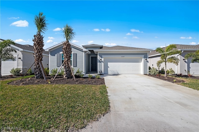 single story home featuring a garage, concrete driveway, and a front yard