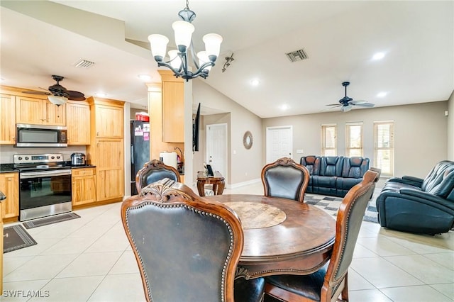 dining area with recessed lighting, visible vents, lofted ceiling, light tile patterned flooring, and ceiling fan with notable chandelier