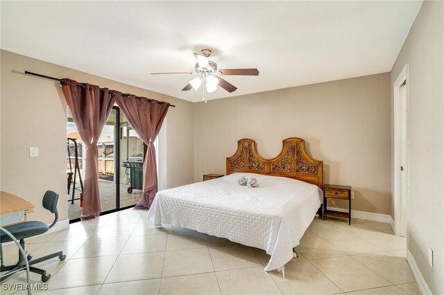 bedroom with light tile patterned floors, baseboards, a ceiling fan, and access to exterior