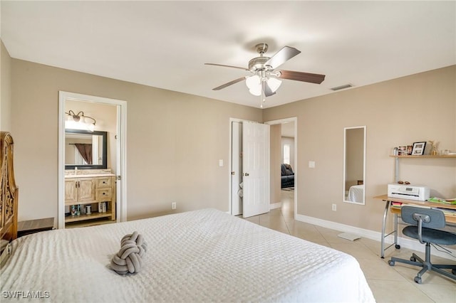 bedroom featuring baseboards, visible vents, connected bathroom, a ceiling fan, and light tile patterned flooring