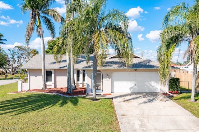 ranch-style home featuring driveway, an attached garage, fence, a front lawn, and stucco siding