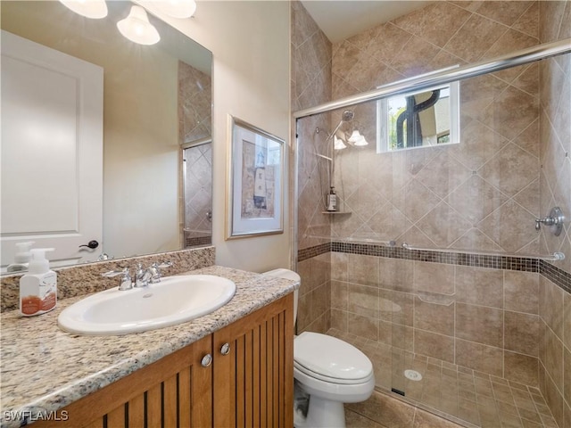 full bath featuring vanity, a shower stall, and toilet