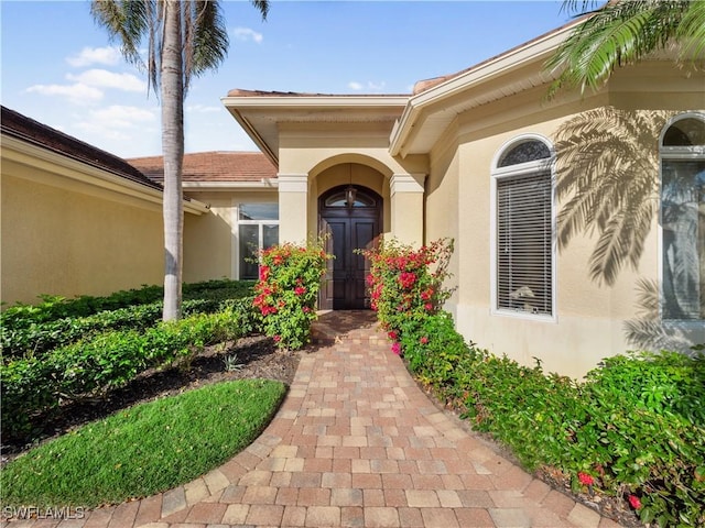 view of exterior entry featuring stucco siding