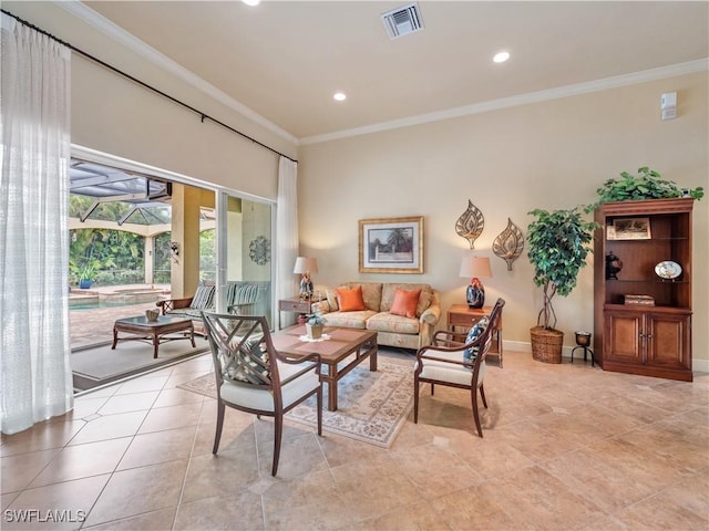 living room featuring light tile patterned floors, recessed lighting, a sunroom, visible vents, and crown molding