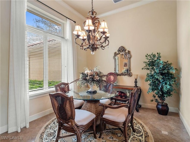 dining area with a notable chandelier, light tile patterned floors, baseboards, and crown molding