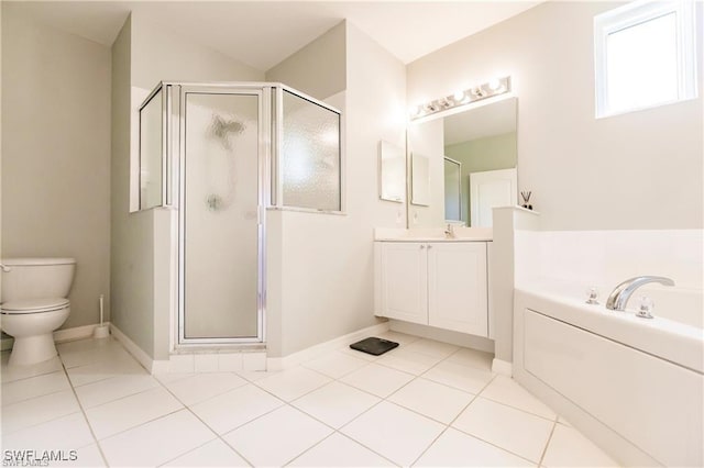 full bath with a garden tub, vanity, baseboards, tile patterned floors, and a stall shower