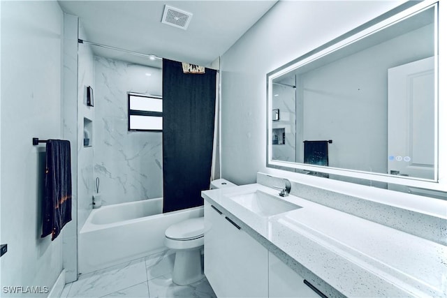 full bath with toilet, visible vents, vanity, marble finish floor, and shower / washtub combination