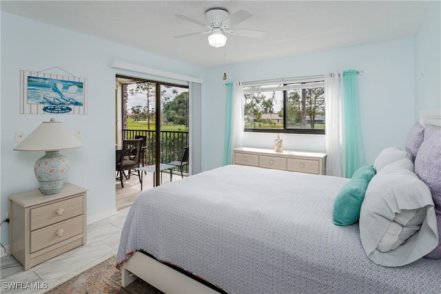 bedroom with marble finish floor, access to outside, and a ceiling fan