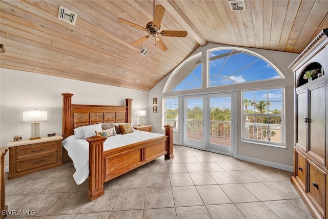 bedroom with wooden ceiling, access to exterior, light tile patterned floors, and visible vents