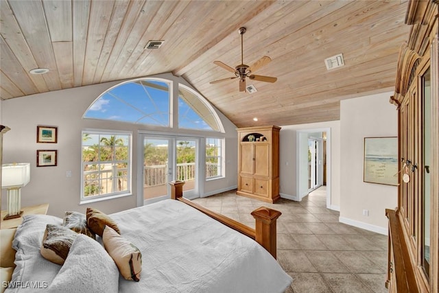 bedroom with lofted ceiling, french doors, wooden ceiling, and visible vents