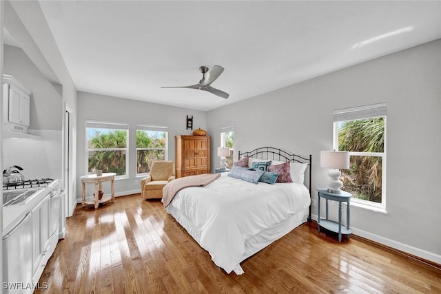 bedroom with multiple windows, baseboards, and wood finished floors