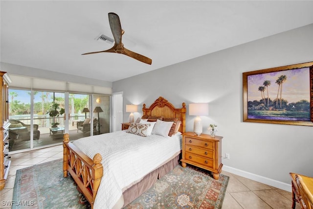 bedroom featuring access to exterior, visible vents, light tile patterned floors, and baseboards