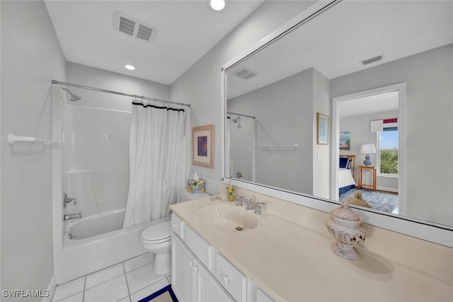 full bathroom featuring ensuite bath, tile patterned flooring, visible vents, and shower / bathtub combination with curtain