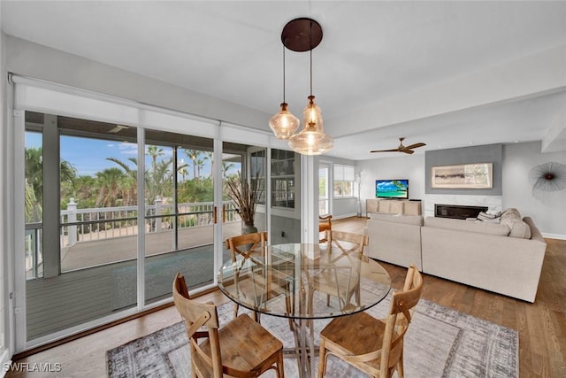 dining space with ceiling fan, a fireplace, wood finished floors, and baseboards