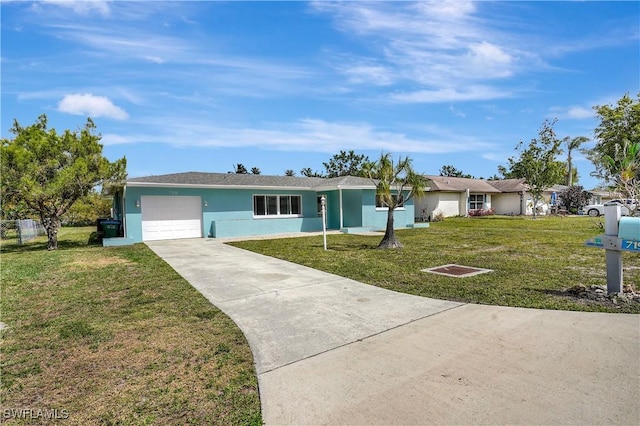 single story home featuring a garage, stucco siding, concrete driveway, and a front yard