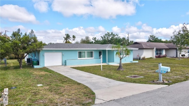 single story home with a garage, concrete driveway, a front lawn, and stucco siding