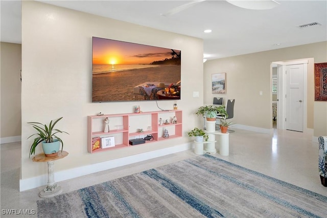 corridor featuring baseboards, visible vents, and recessed lighting