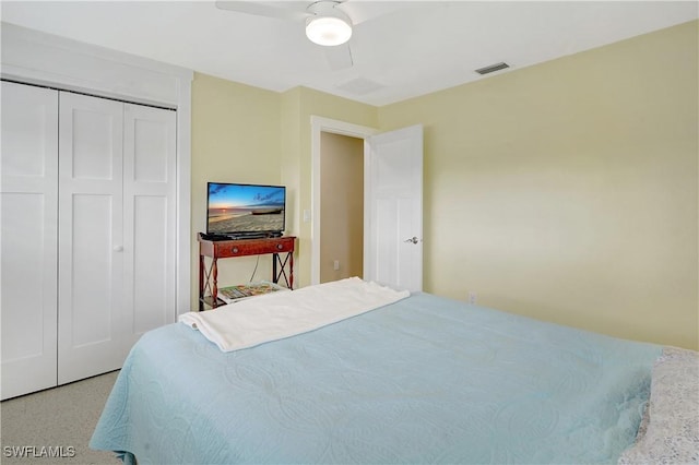 bedroom with ceiling fan, visible vents, and a closet