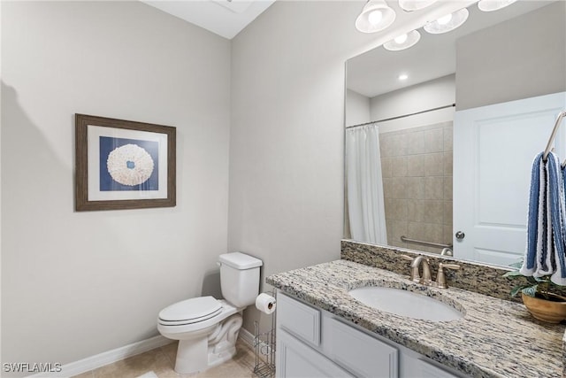 full bath with vanity, a shower with shower curtain, baseboards, tile patterned flooring, and toilet