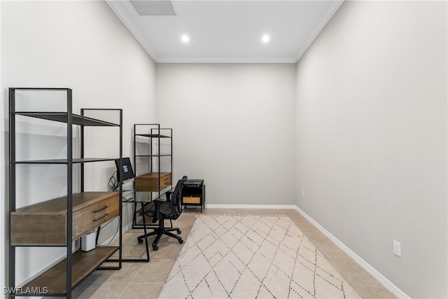 office space featuring visible vents, recessed lighting, crown molding, and baseboards