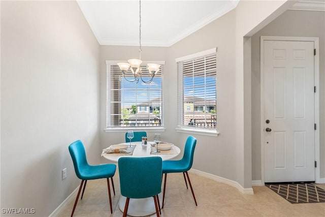 tiled dining room featuring a chandelier, crown molding, and baseboards