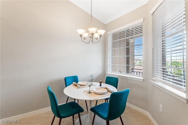 tiled dining space featuring lofted ceiling, a notable chandelier, and baseboards