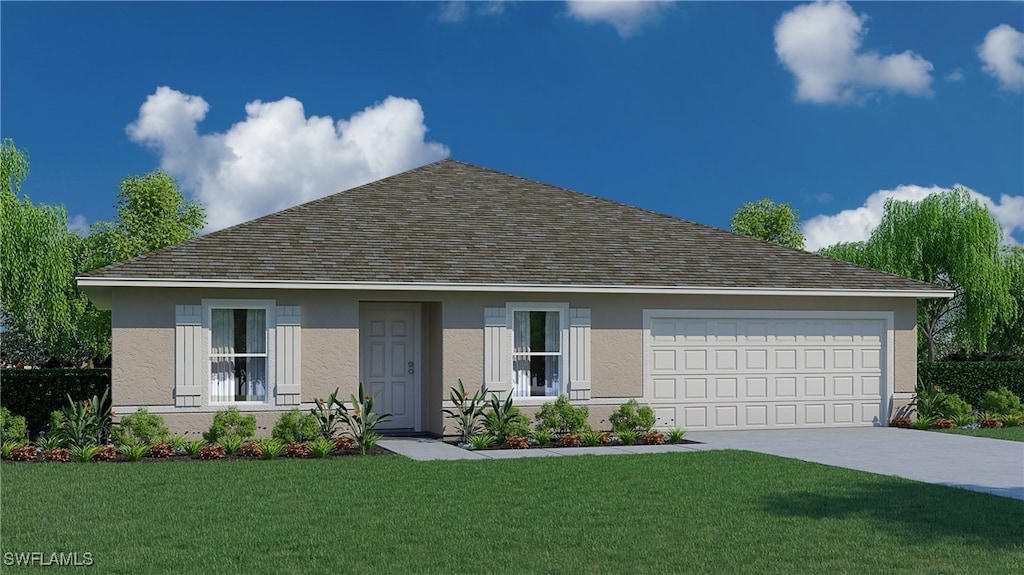 view of front of home with a front yard, concrete driveway, roof with shingles, and stucco siding