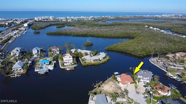 aerial view featuring a water view