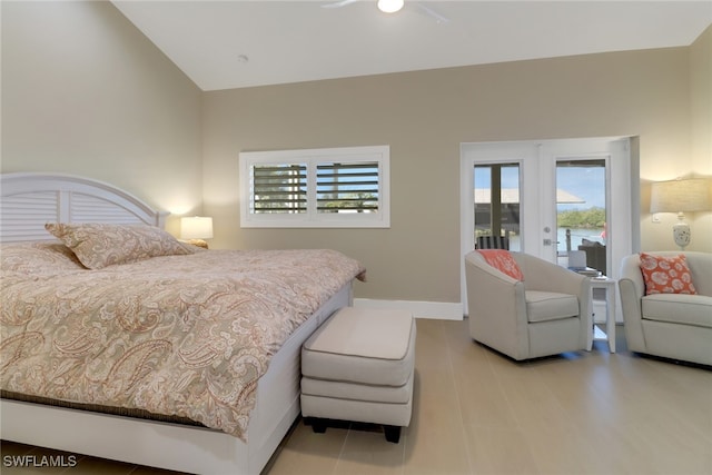 bedroom with access to outside, baseboards, and french doors