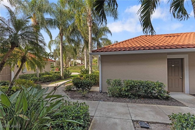 view of side of home with a tile roof and stucco siding