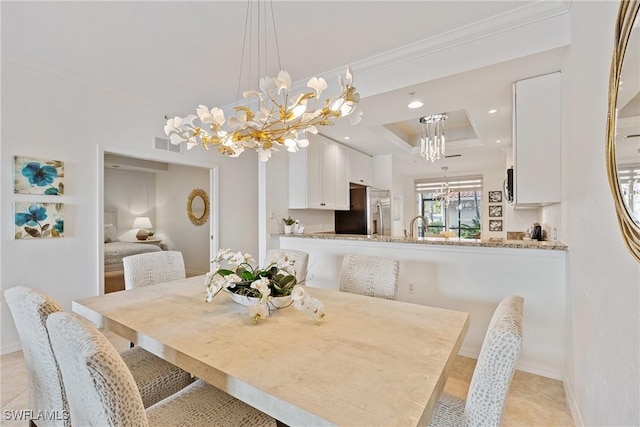 dining room featuring light tile patterned floors, recessed lighting, crown molding, a raised ceiling, and an inviting chandelier